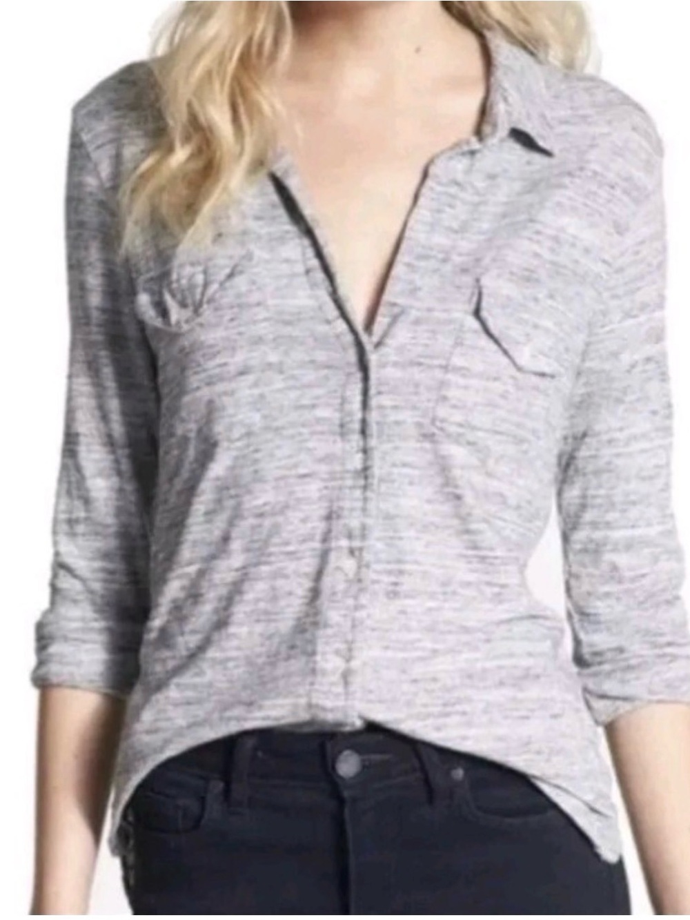 James Perse Standard 3/4 Sleeve Knit Shirt Gray Heather Space-Dye 100% Cotton M